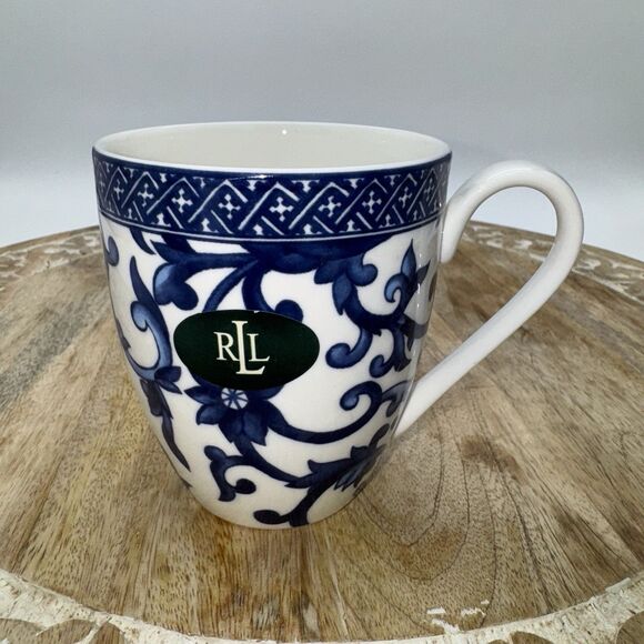 New RALPH LAUREN MANDARIN BLUE White MUG 12oz Retired Coffee Cup Teacup - Picture 1 of 3
